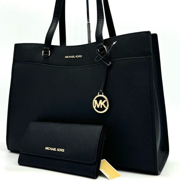 Michael Kors Large MF Pocket Shoulder Tote Bag & Trifold Wallet Black/Gold